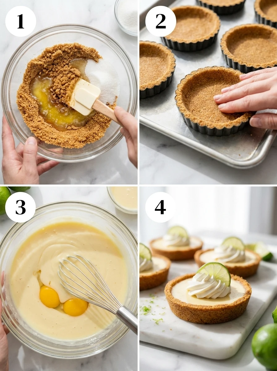 A collage showing four steps of making key lime pies: mixing the crust, pressing it into the tin, whisking the filling, and garnishing.