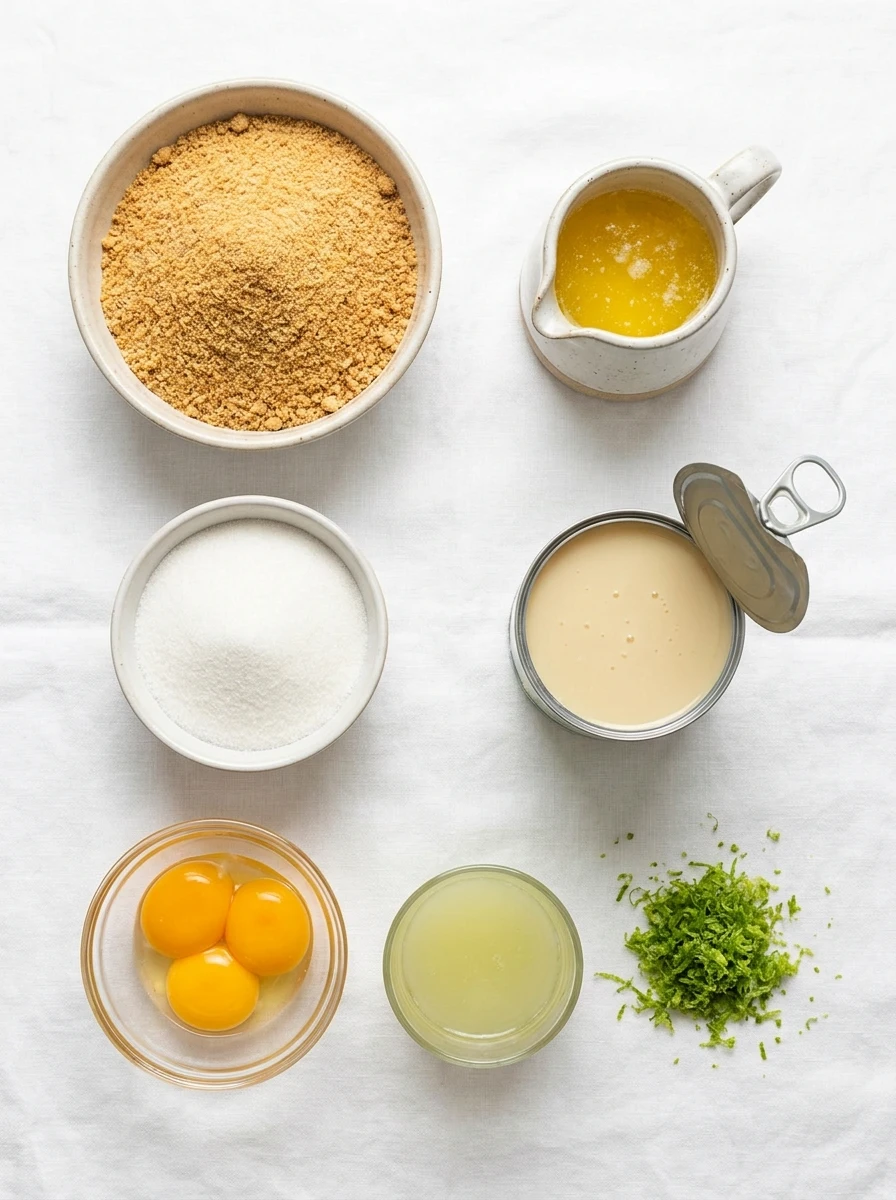 Organized ingredients for individual key lime pies including graham cracker crumbs, condensed milk, egg yolks, and key lime juice on a white background.
