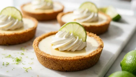 A group of mini key lime pies topped with whipped cream and lime slices on a white marble surface.