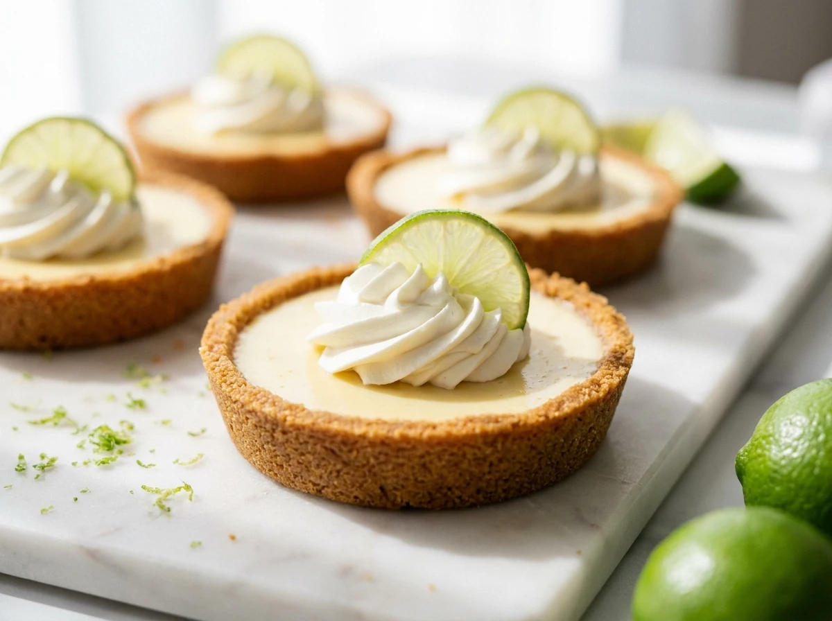 A group of mini key lime pies topped with whipped cream and lime slices on a white marble surface.