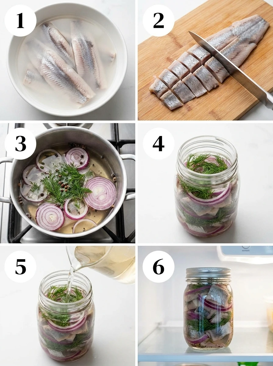 A grid showing the six main steps of making pickled herring, from soaking the fish to the final refrigeration.