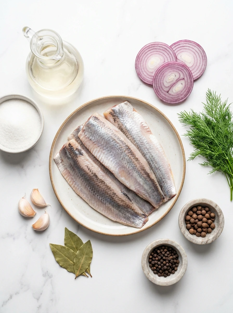 An overhead view of herring fillets, vinegar, sugar, onions, and various spices arranged on a marble counter.