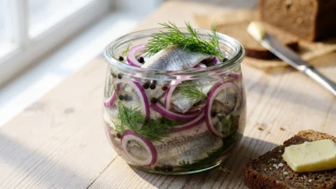 A close-up of a glass jar filled with pickled herring, red onions, and fresh dill on a wooden table.