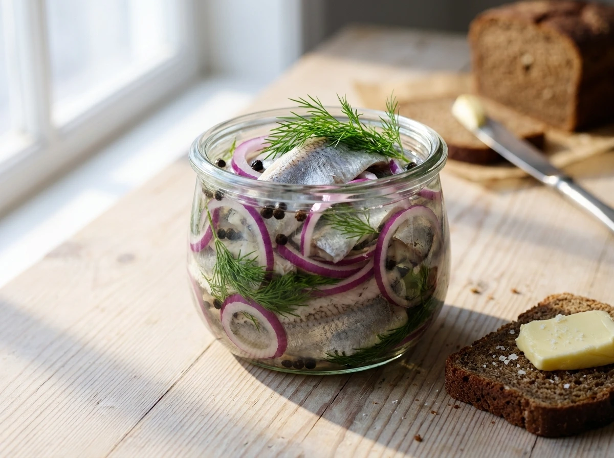 A close-up of a glass jar filled with pickled herring, red onions, and fresh dill on a wooden table.