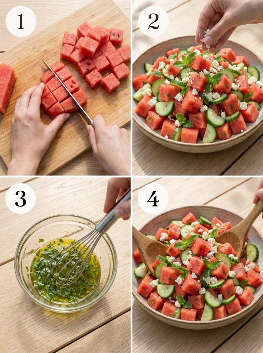 A four-panel grid showing the steps to make watermelon salad, from cutting fruit to the final toss.