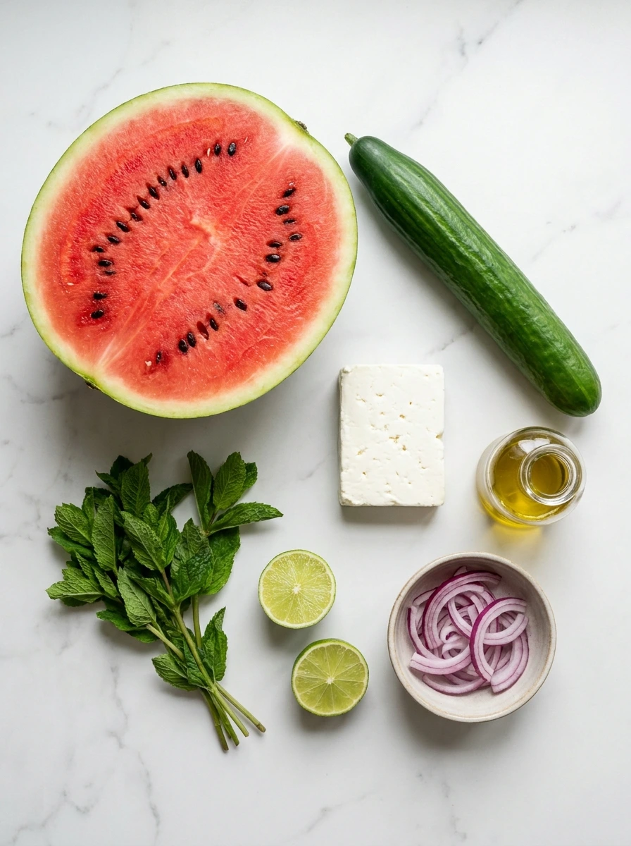 Top-down view of watermelon, cucumber, feta, mint, lime, and olive oil on marble.
