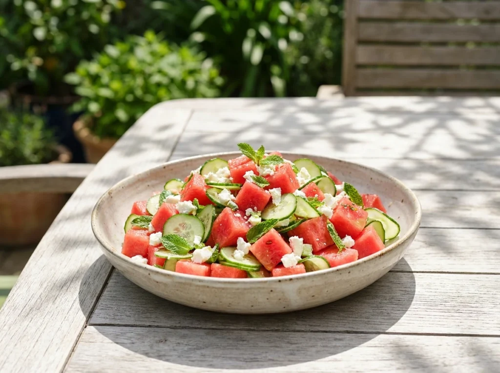 A vibrant watermelon salad with feta, mint, and cucumber in a white bowl on a sunny wooden table.