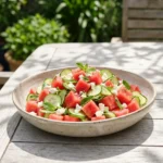 A vibrant watermelon salad with feta, mint, and cucumber in a white bowl on a sunny wooden table.
