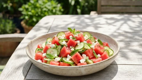 A vibrant watermelon salad with feta, mint, and cucumber in a white bowl on a sunny wooden table.