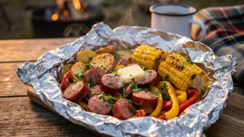 A steaming campfire foil packet filled with smoked Sausage and Potato , and peppers on a wooden table with a campfire background.