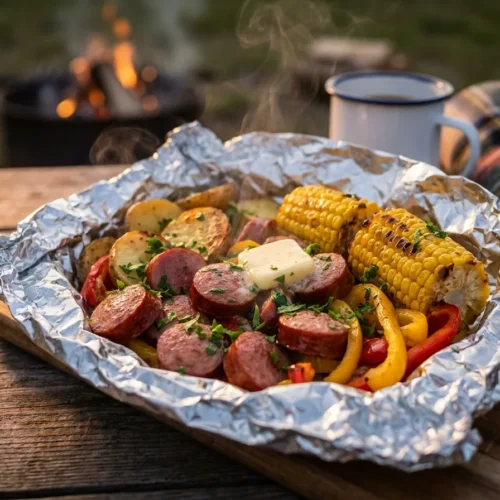 A steaming campfire foil packet filled with smoked Sausage and Potato , and peppers on a wooden table with a campfire background.