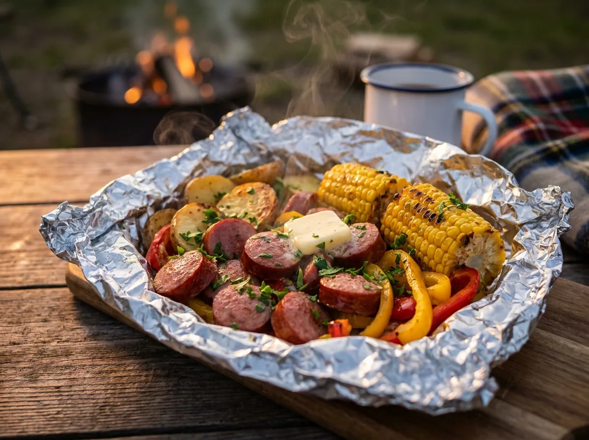 A steaming campfire foil packet filled with smoked Sausage and Potato , and peppers on a wooden table with a campfire background.