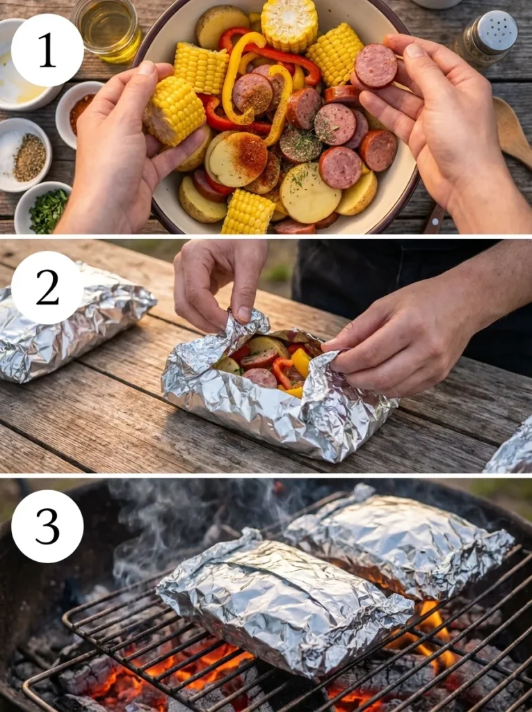 A three-panel collage showing the preparation, sealing, and grilling steps of the campfire foil packet recipe.
