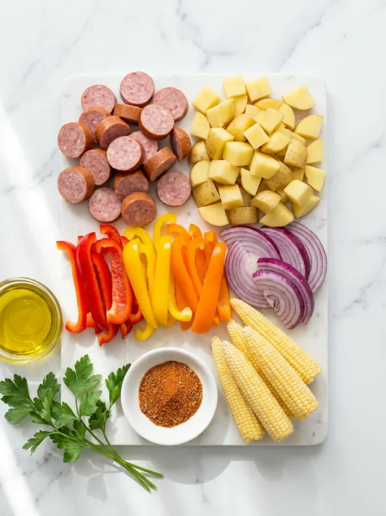 Flat-lay arrangement of sliced Sausage and Potato, peppers, onions, corn, and spices on a white surface.