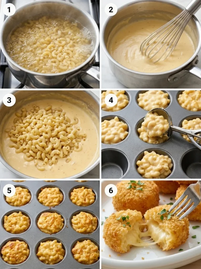 A multi-panel collage showing the process of making mac and cheese bites from boiling pasta to the final baked appetizer.