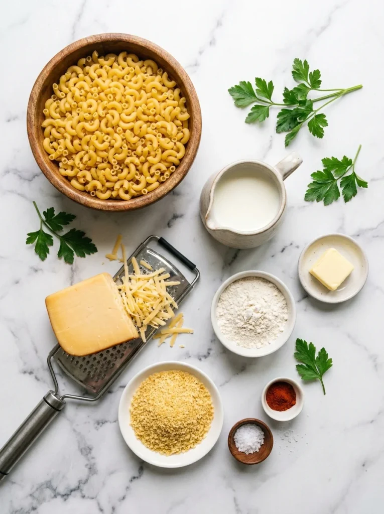A flat lay of ingredients including elbow macaroni, smoked gouda cheese, milk, butter, and breadcrumbs on marble.