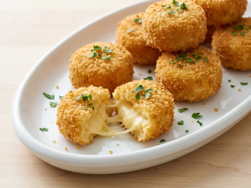 Close-up of crispy, golden-brown smoked gouda mac and cheese bites on a white platter with one bite showing a creamy interior.