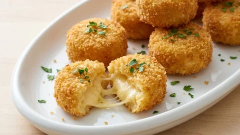 Close-up of crispy, golden-brown smoked gouda mac and cheese bites on a white platter with one bite showing a creamy interior.