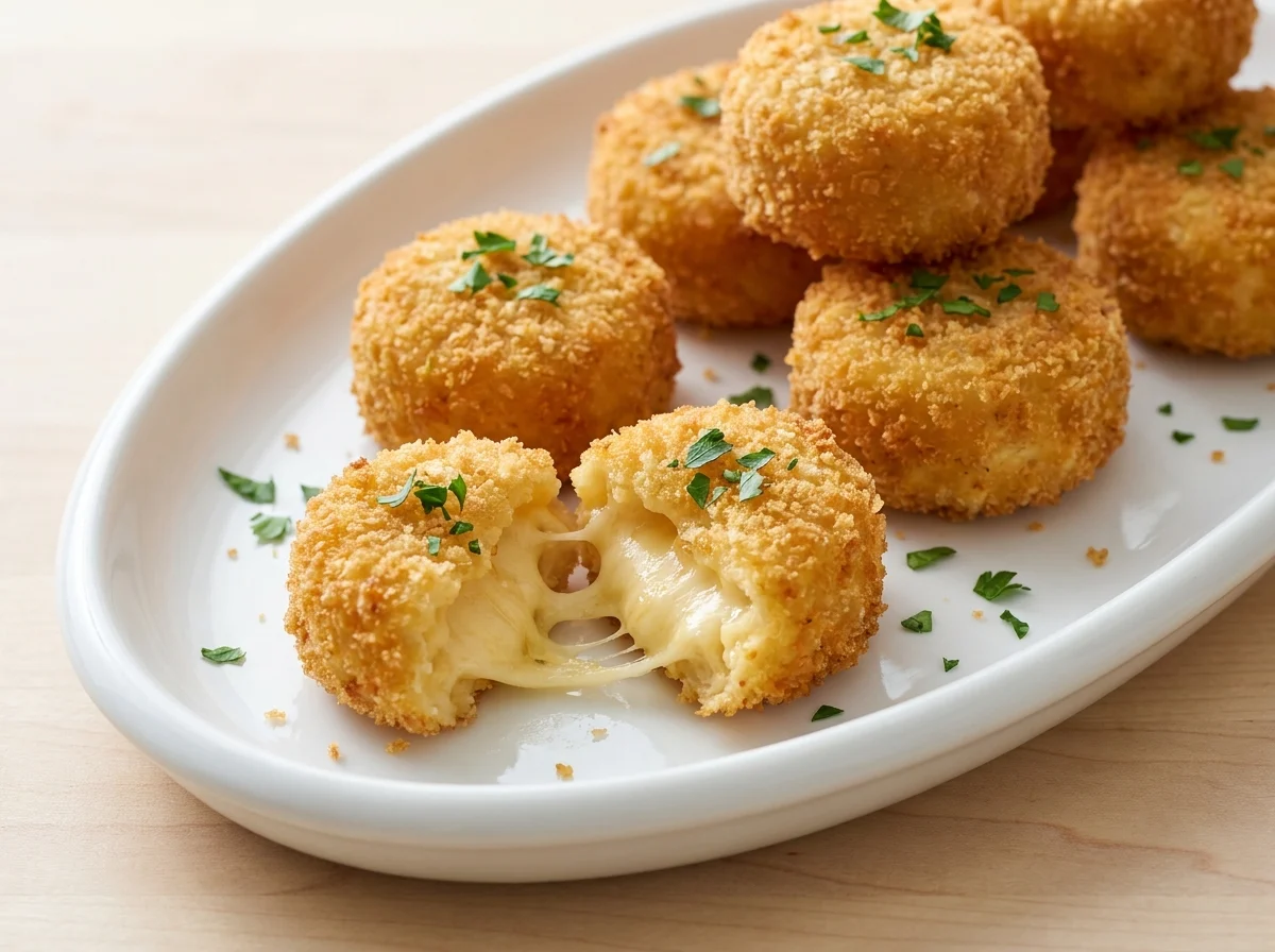 Close-up of crispy, golden-brown smoked gouda mac and cheese bites on a white platter with one bite showing a creamy interior.