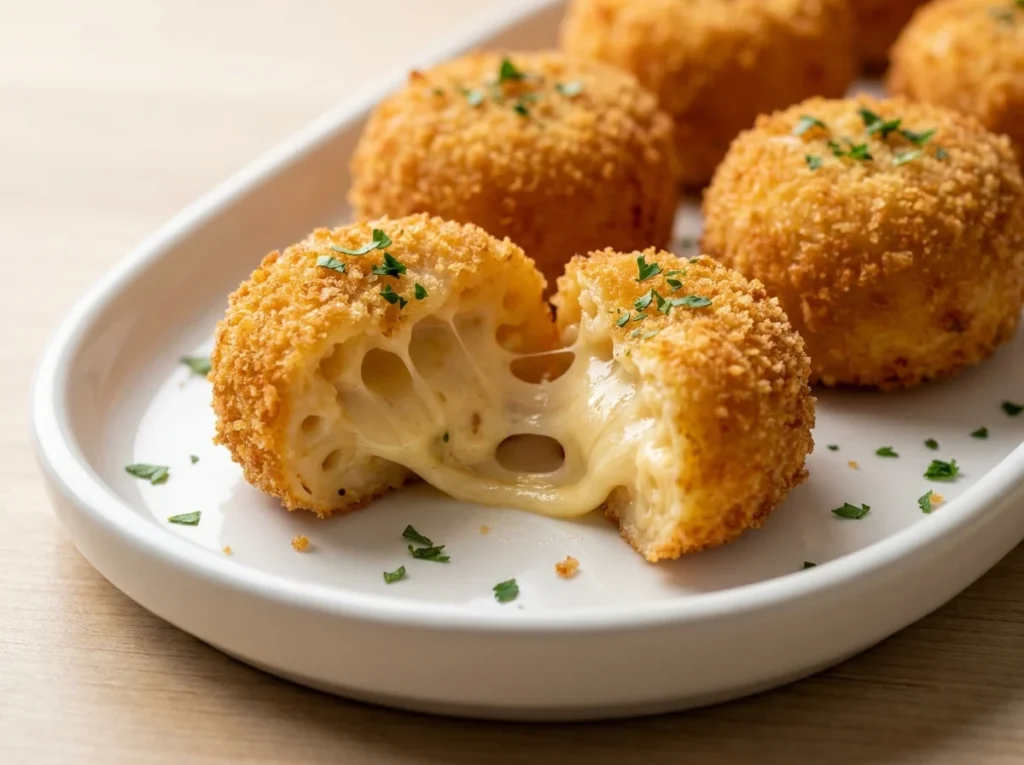 Close-up of crispy, golden-brown smoked gouda mac and cheese bites on a white platter with one bite showing a creamy interior.