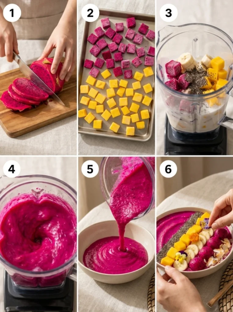A 6-panel step-by-step process collage showing how to prepare, blend, and decorate a pink dragon fruit smoothie bowl, with clear numbers 1 through 6 on each step.