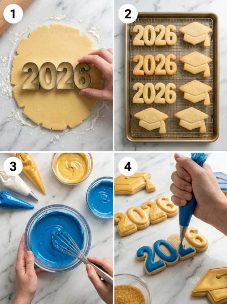 A 4-panel collage showing the step-by-step process of making graduation cookies: rolling dough, baking, mixing icing, and decorating.