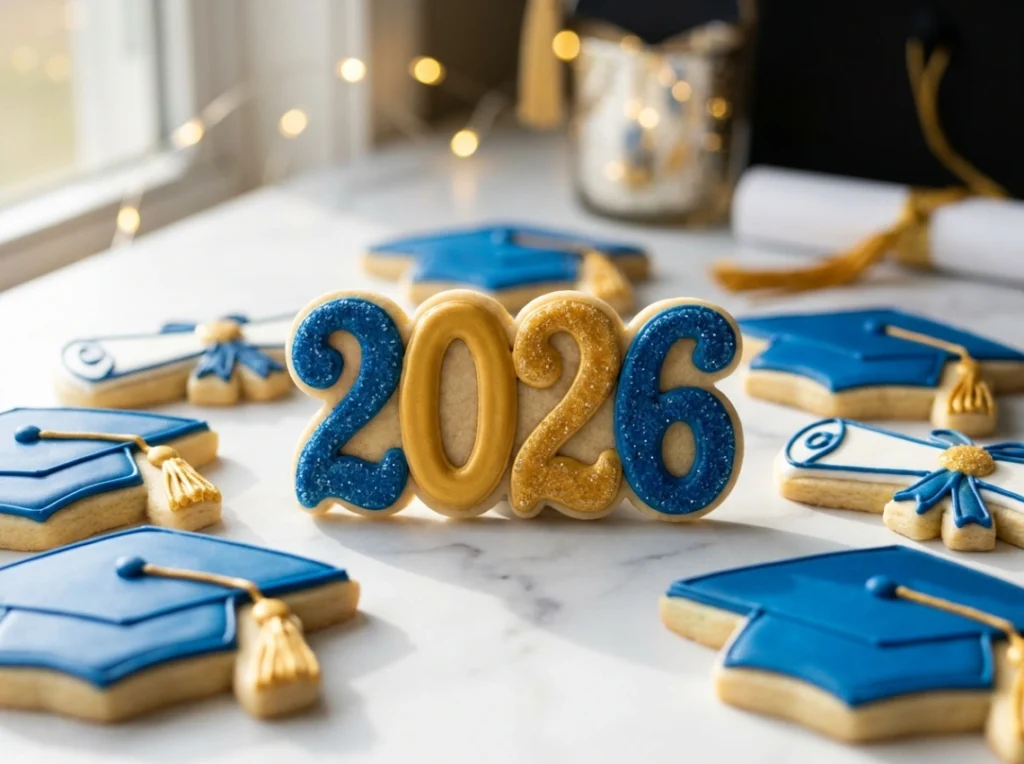 A beautiful arrangement of royal-iced sugar cookies shaped as graduation caps and '2026' in blue and gold on a marble surface.