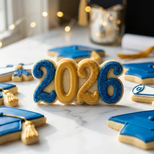 A beautiful arrangement of royal-iced sugar cookies shaped as graduation caps and '2026' in blue and gold on a marble surface.
