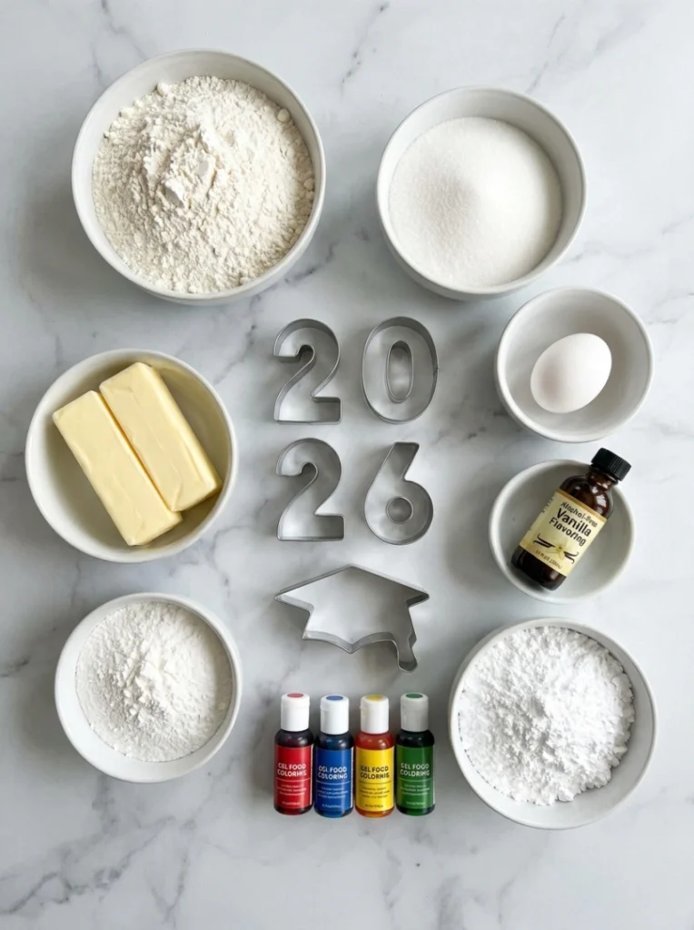 Overhead view of sugar cookie ingredients including flour, butter, sugar, vanilla, and '2026' cookie cutters on a white marble background.