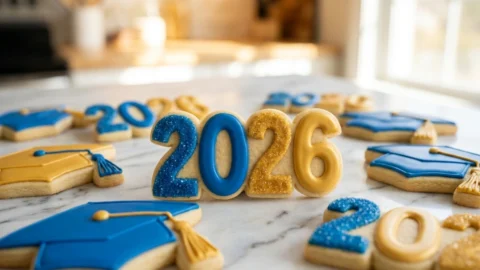 A beautiful arrangement of royal-iced sugar cookies shaped as graduation caps and '2026' in blue and gold on a marble surface.