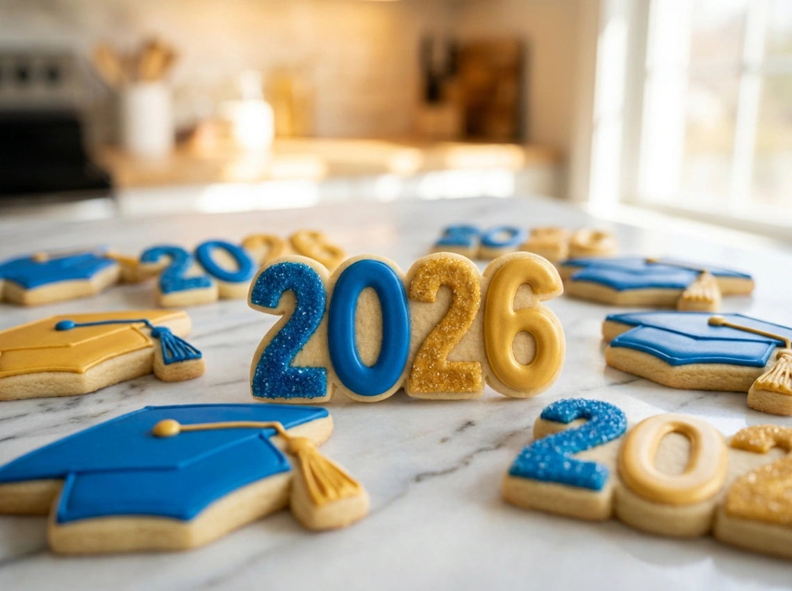 A beautiful arrangement of royal-iced sugar cookies shaped as graduation caps and '2026' in blue and gold on a marble surface.