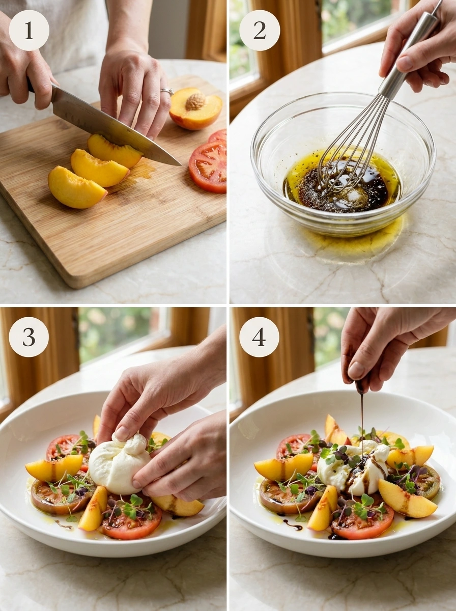 A 4-panel collage showing the step-by-step process of making a summer salad: slicing peaches, mixing dressing, assembling, and drizzling glaze.