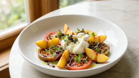 A top-down, slightly angled view of a colorful summer salad with peaches, burrata cheese, and heirloom tomatoes on a marble table.