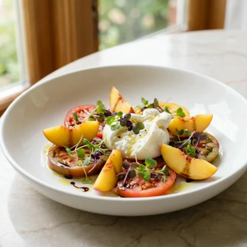 A top-down, slightly angled view of a colorful summer salad with peaches, burrata cheese, and heirloom tomatoes on a marble table.