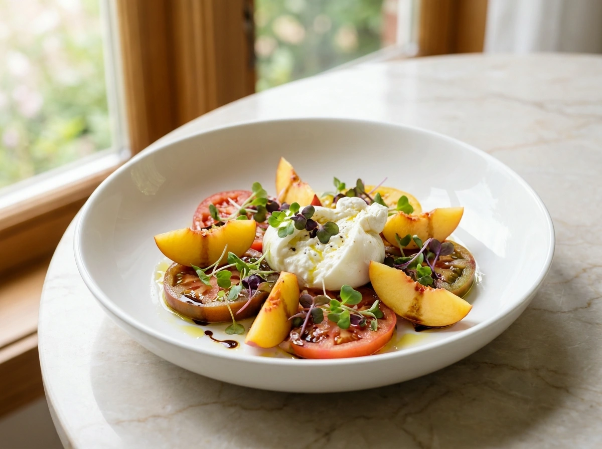 A top-down, slightly angled view of a colorful summer salad with peaches, burrata cheese, and heirloom tomatoes on a marble table.