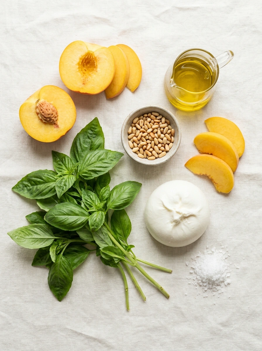 A clean, overhead flat-lay of salad ingredients including peaches, basil, pine nuts, and burrata on a white linen surface.