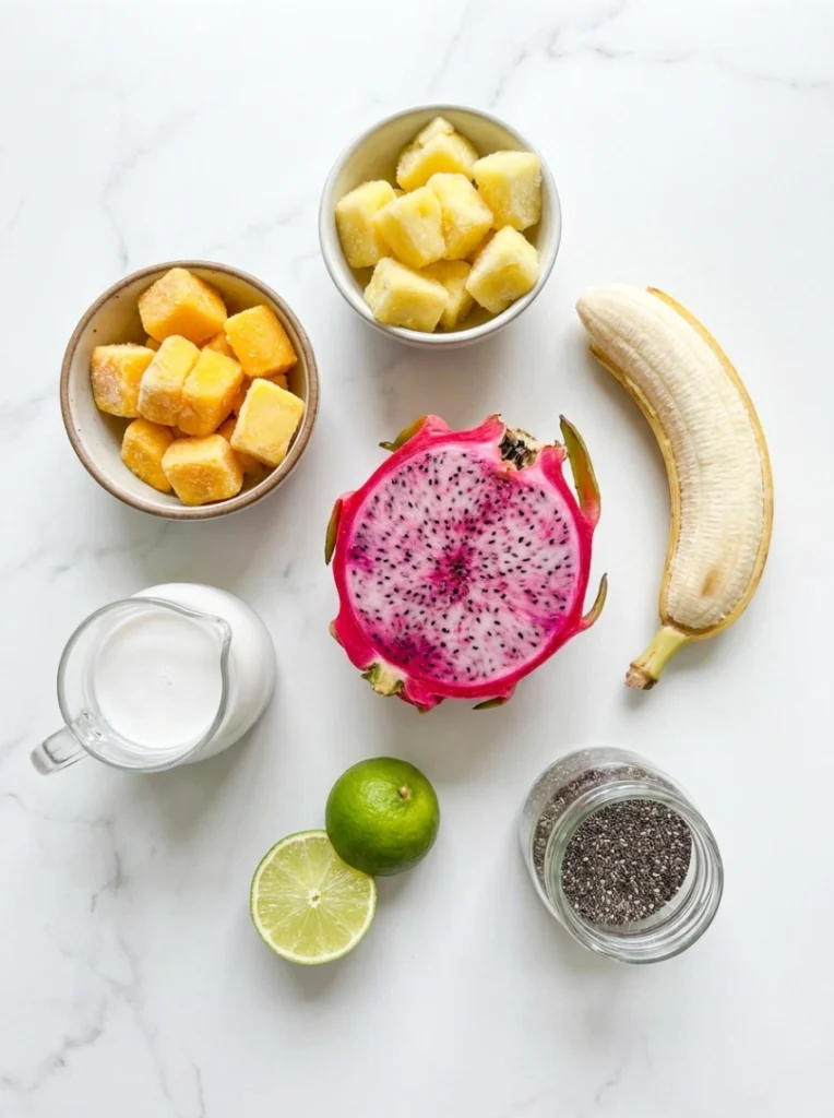 An overhead shot of fresh ingredients including red dragon fruit, frozen mango and pineapple, banana, coconut milk, lime, and chia seeds on a marble background.
