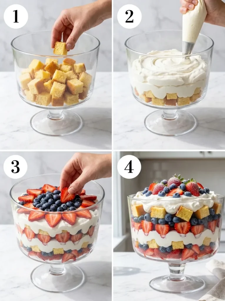 A four-step collage showing the assembly of a berry trifle from start to finish.
