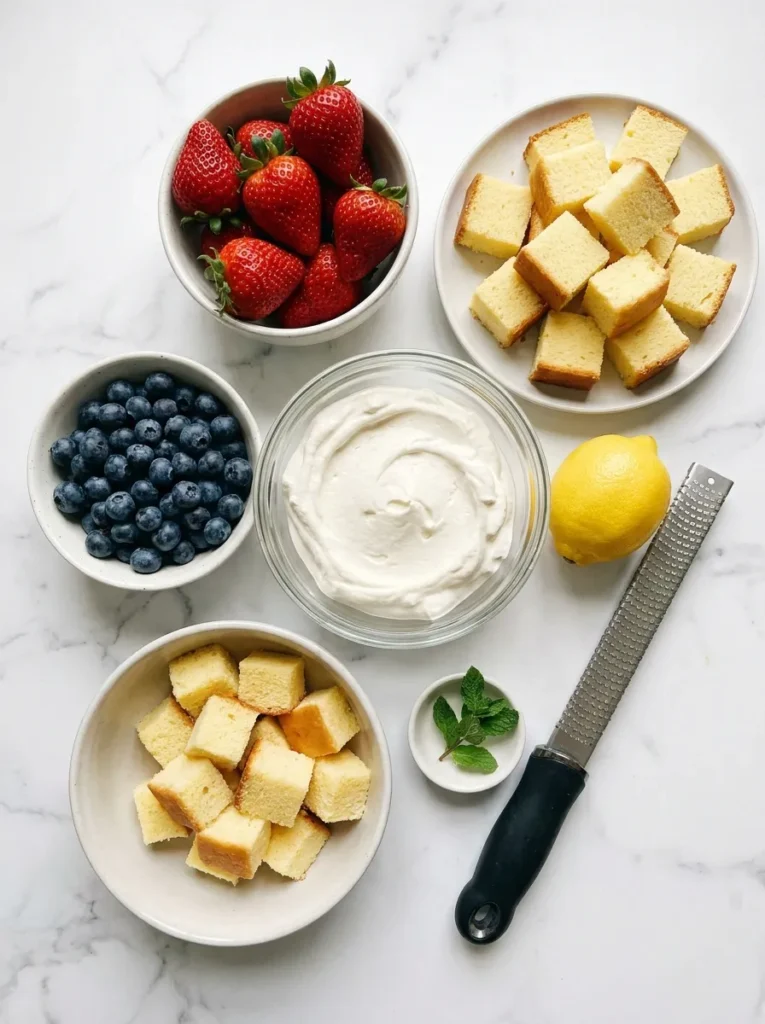 Dessert,Overhead view of trifle ingredients including strawberries, blueberries, pound cake cubes, and whipped cream on white marble.