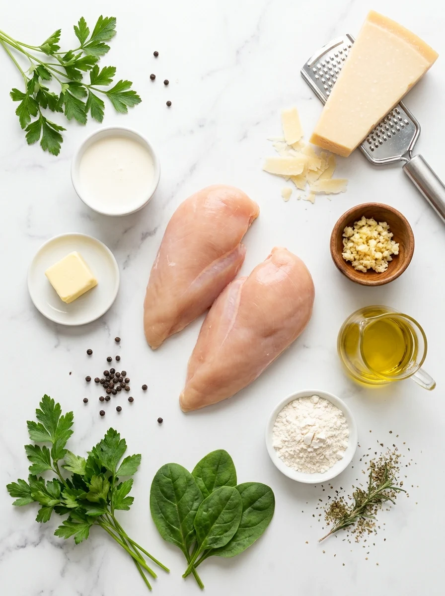 A neatly arranged overhead view of chicken, heavy cream, parmesan cheese, garlic, and herbs on a marble countertop.