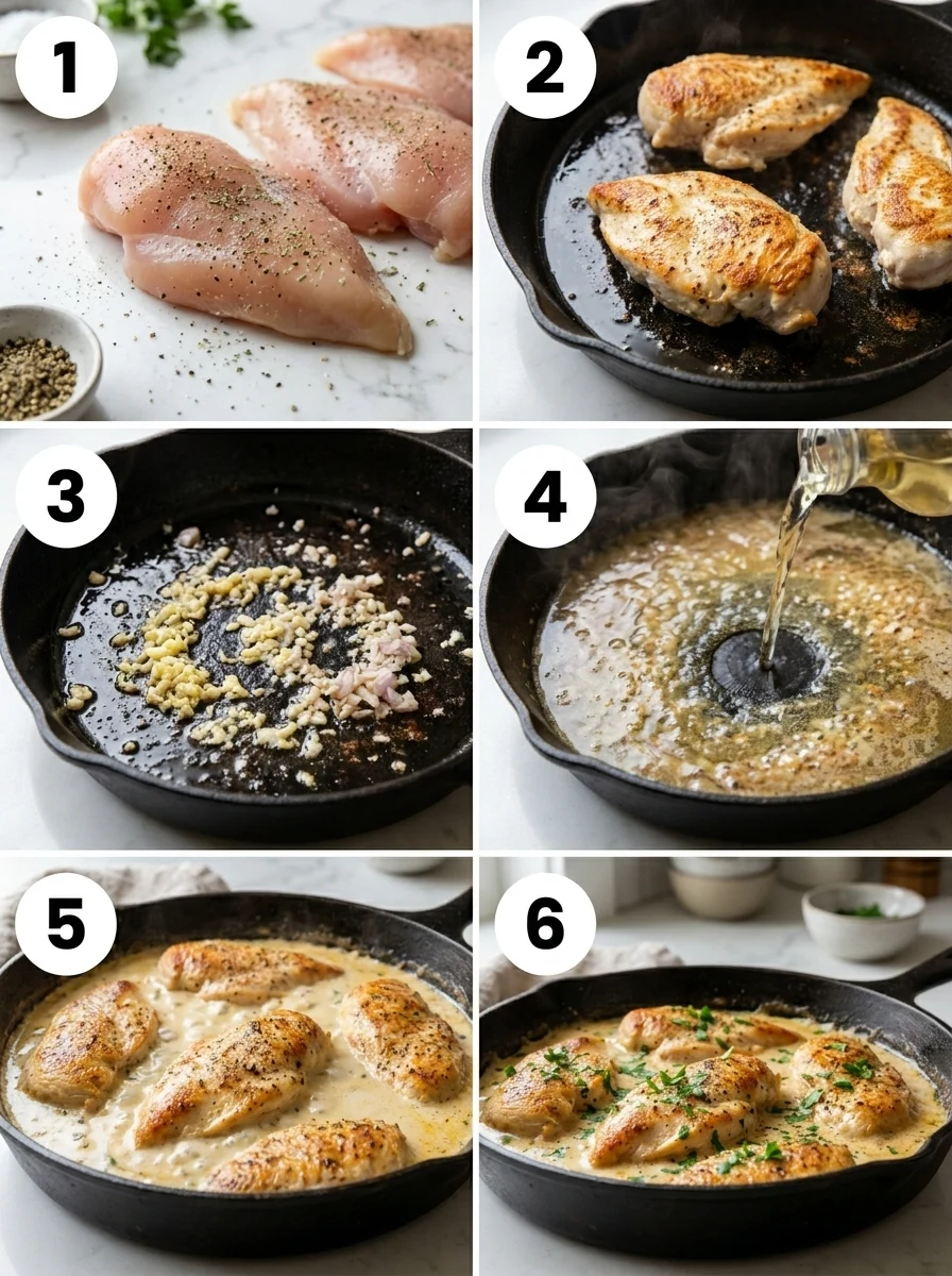 A collage showing six numbered steps for making creamy garlic parmesan chicken, from raw seasoning to the finished plated dish.