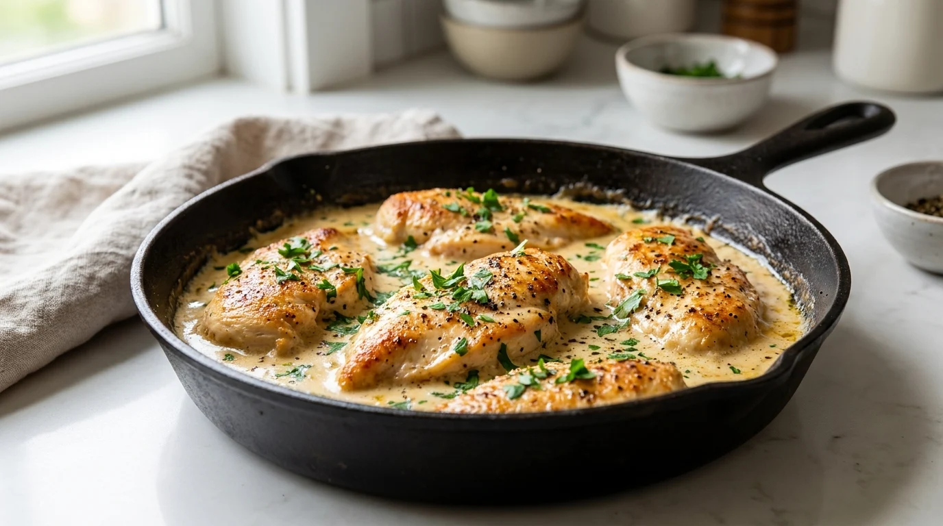A close-up shot of golden-brown seared chicken breasts in a rich, creamy white garlic parmesan sauce garnished with parsley in a skillet.
