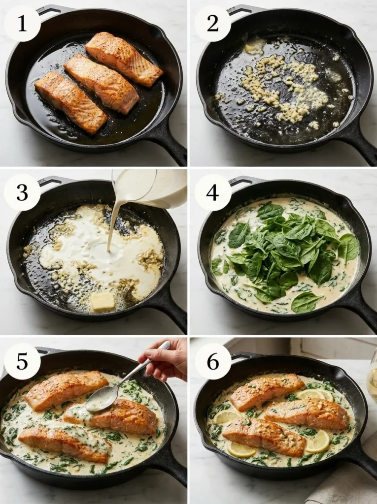 A 6-panel collage showing the full process of making creamy garlic salmon from searing to plating, with numbered steps.