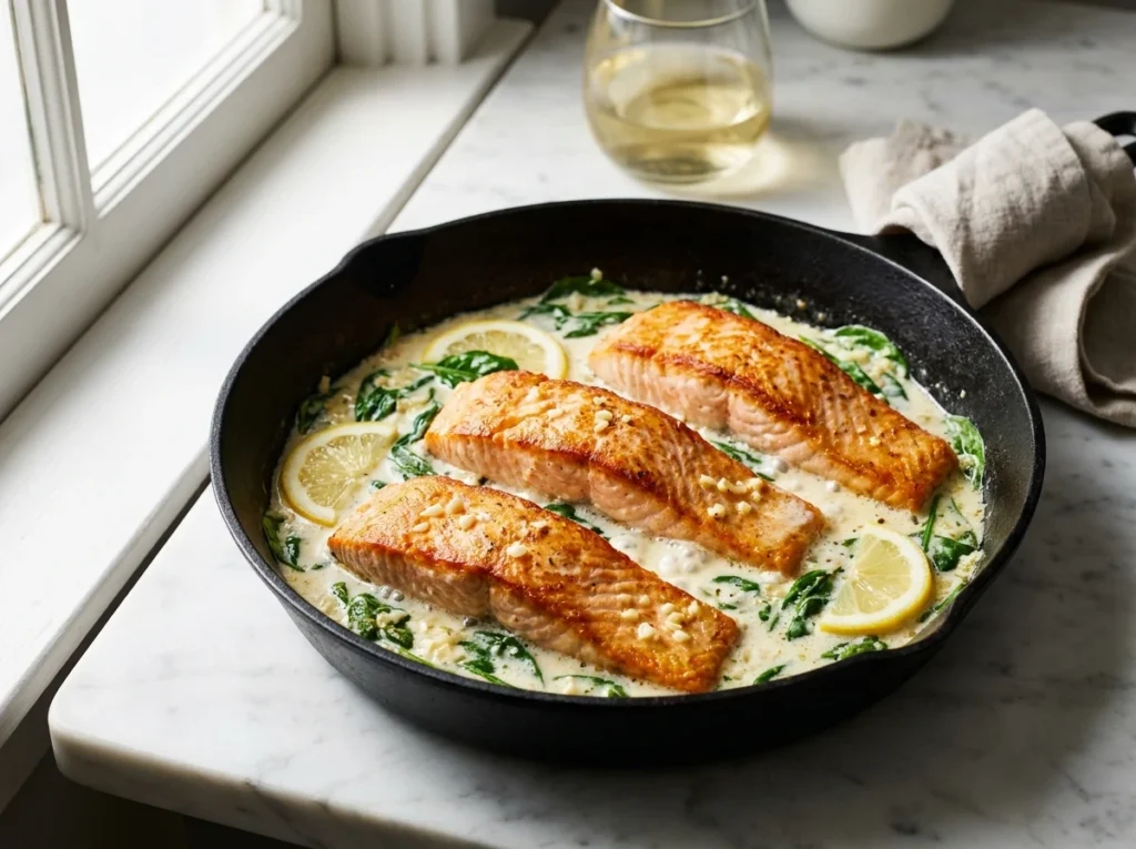 A top-down, slightly angled view of golden seared salmon fillets in a rich garlic cream sauce with spinach and lemon in a skillet.