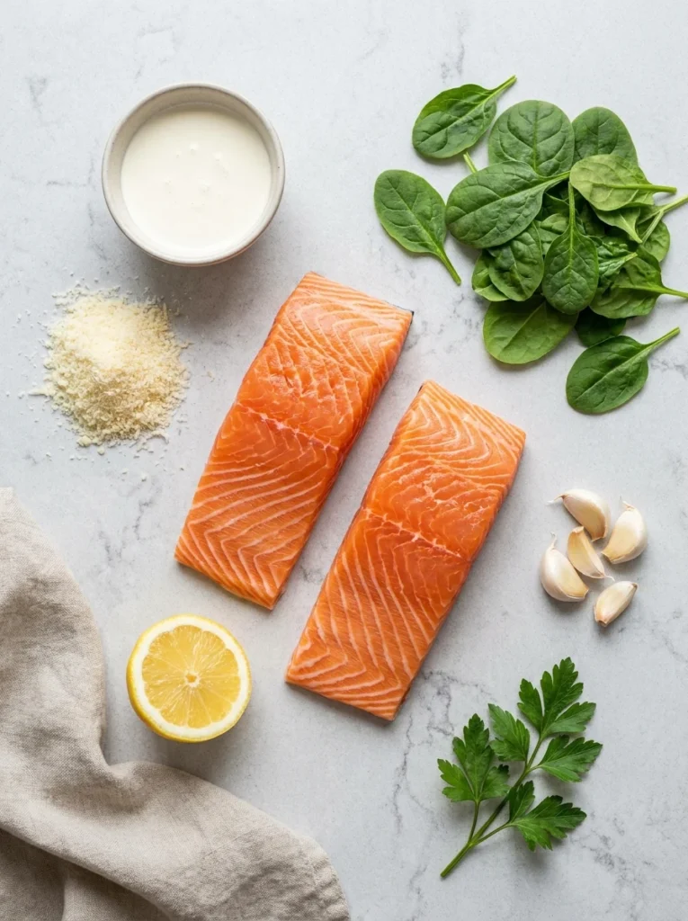 A flat-lay view of raw salmon, heavy cream, garlic, spinach, lemon, and parmesan cheese on a stone surface.