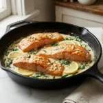 A top-down, slightly angled view of golden seared salmon fillets in a rich garlic cream sauce with spinach and lemon in a skillet.