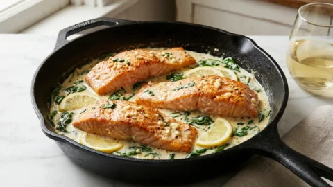 A top-down, slightly angled view of golden seared salmon fillets in a rich garlic cream sauce with spinach and lemon in a skillet.