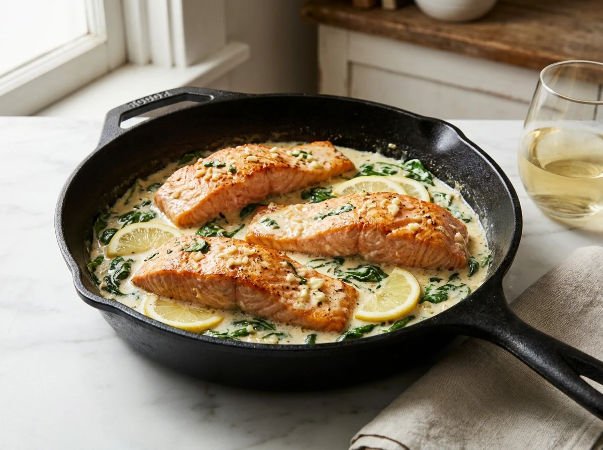 A top-down, slightly angled view of golden seared salmon fillets in a rich garlic cream sauce with spinach and lemon in a skillet.
