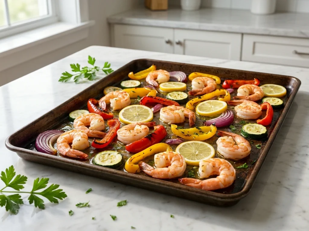 A close-up view of a roasted shrimp sheet pan dinner with colorful vegetables and lemon slices on a dark baking tray.