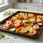 A close-up view of a roasted shrimp sheet pan dinner with colorful vegetables and lemon slices on a dark baking tray.